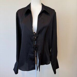 Black Bell Sleeve Tie Front Satin Blouse Size Large NWT